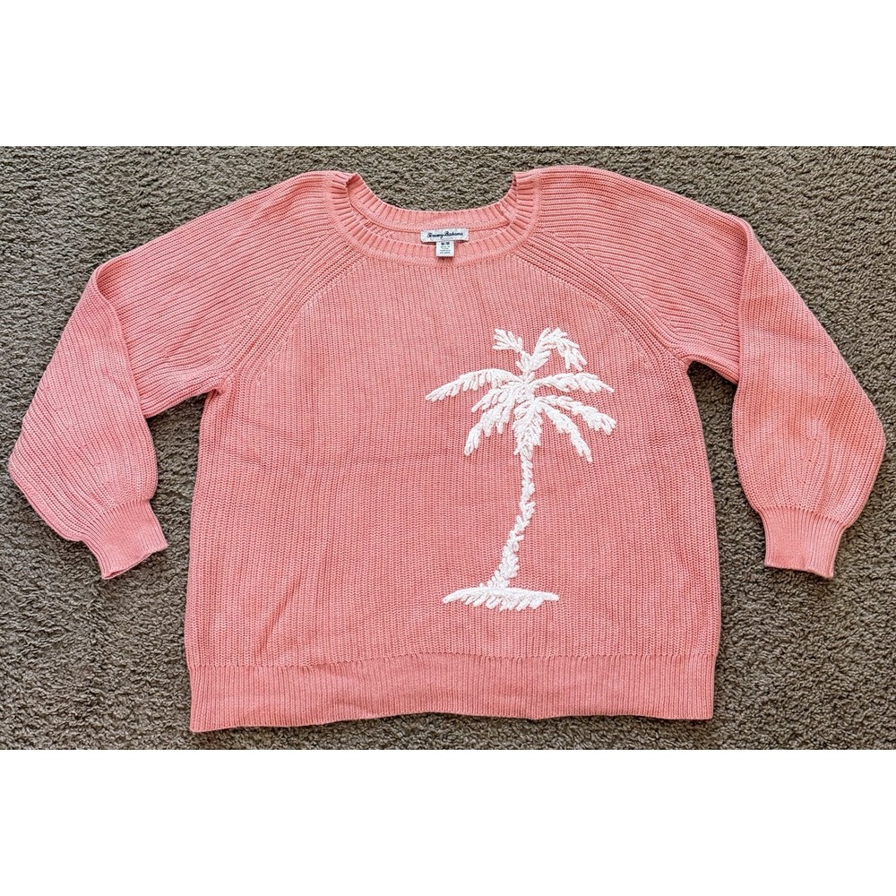 Tommy Bahama Breezy Palm Crewneck Sweater Pink Coral Embroidered Palm Tree Med